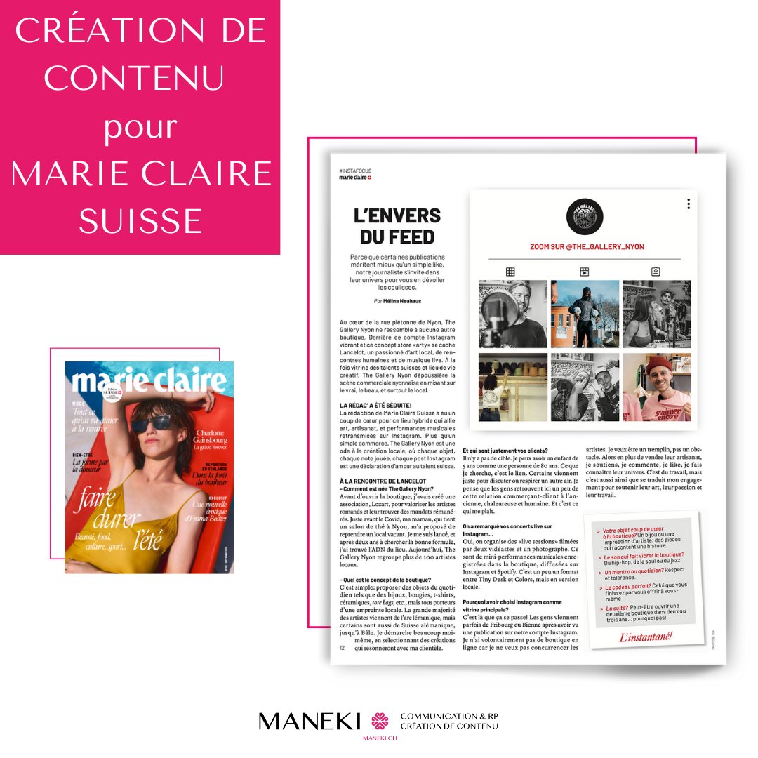 maneki_rp's tweet image. 𝗖𝗿𝗲́𝗮𝘁𝗶𝗼𝗻 𝗱𝗲 𝗰𝗼𝗻𝘁𝗲𝗻𝘂 ✍Dans l’édition actuelle de #MarieClaireSuisse, découvrez #TheGalleryNyon, un concept store qui valorise l’artisanat suisse sous toutes ses coutures ! À lire sur un transat, dans l’avion ou sur une terrasse ombragée 😎 Par @melina_neuhaus