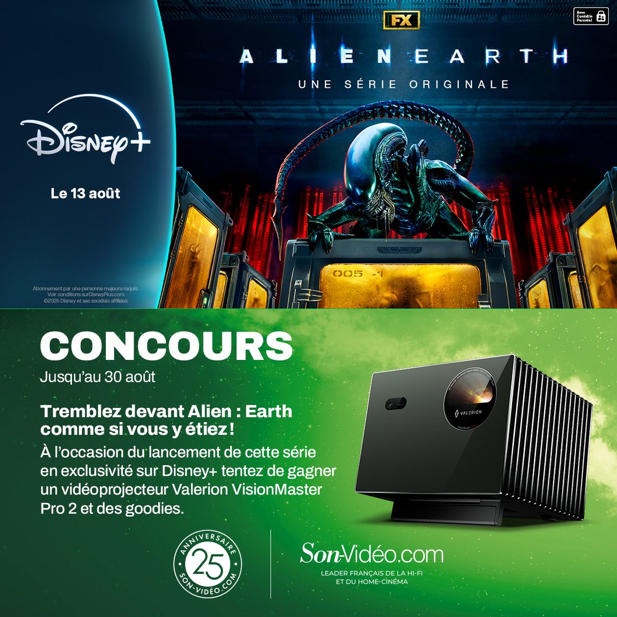 SonVideo's tweet photo. FX Alien : Earth débarque le 13 août sur  @DisneyPlusFR !

🎁 Tentez de remporter un vidéoprojecteur Valerion VisionMaster Pro 2 et des goodies

👉 Participez sur le site @SonVideo jusqu’au 30/08

#Concours #AlienEarth #DisneyPlus https://t.co/t8lzynlMYl