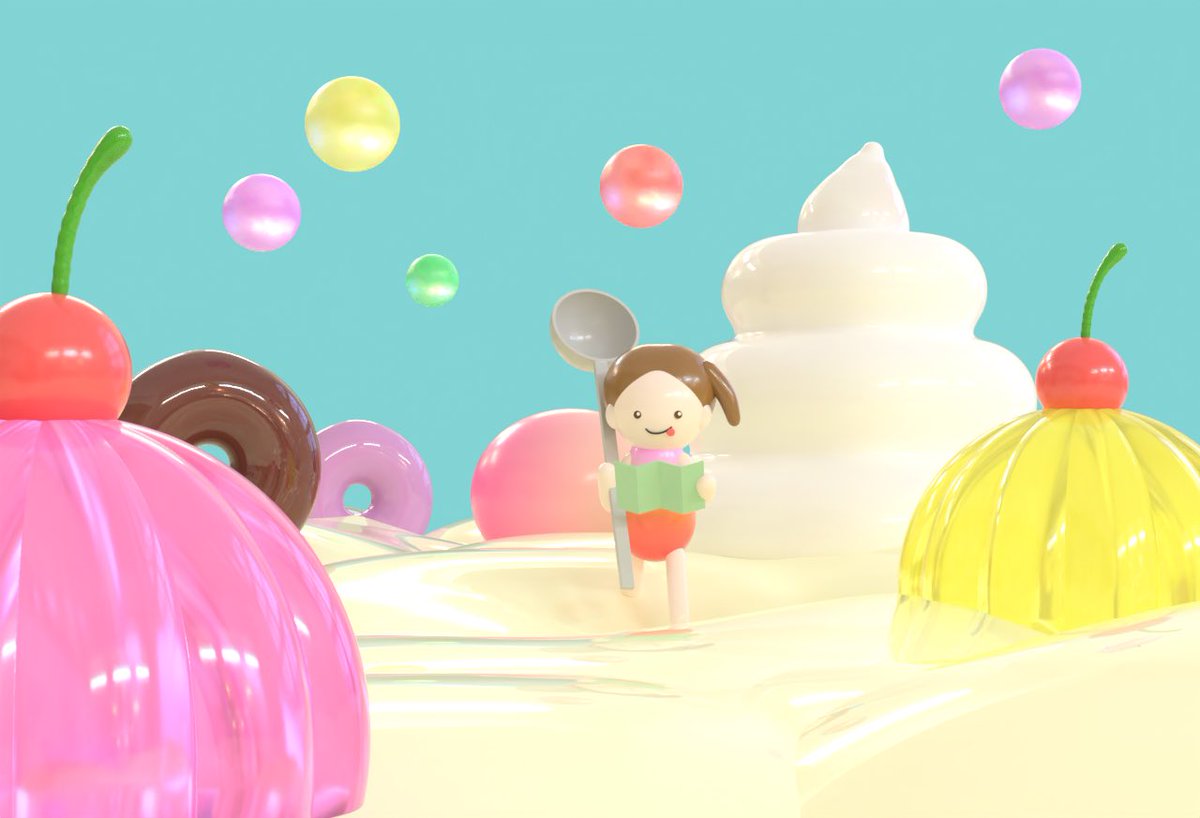 turutupi's tweet image. 3DCGコンテストの3作品目🍩✨
「カラフル★スイーツワンダーランドへの旅」

今回はリアルをやめて、メルヘン風にしてみたよ(っ'ヮ'c)✨大好きなスイーツを求めて旅をしてるところ。

wompっぽい使い方の作品がひとつ欲しかったからできてよかった！

冷たいゼリーが食べたいよ〜

#womp
#MCAforKIDS