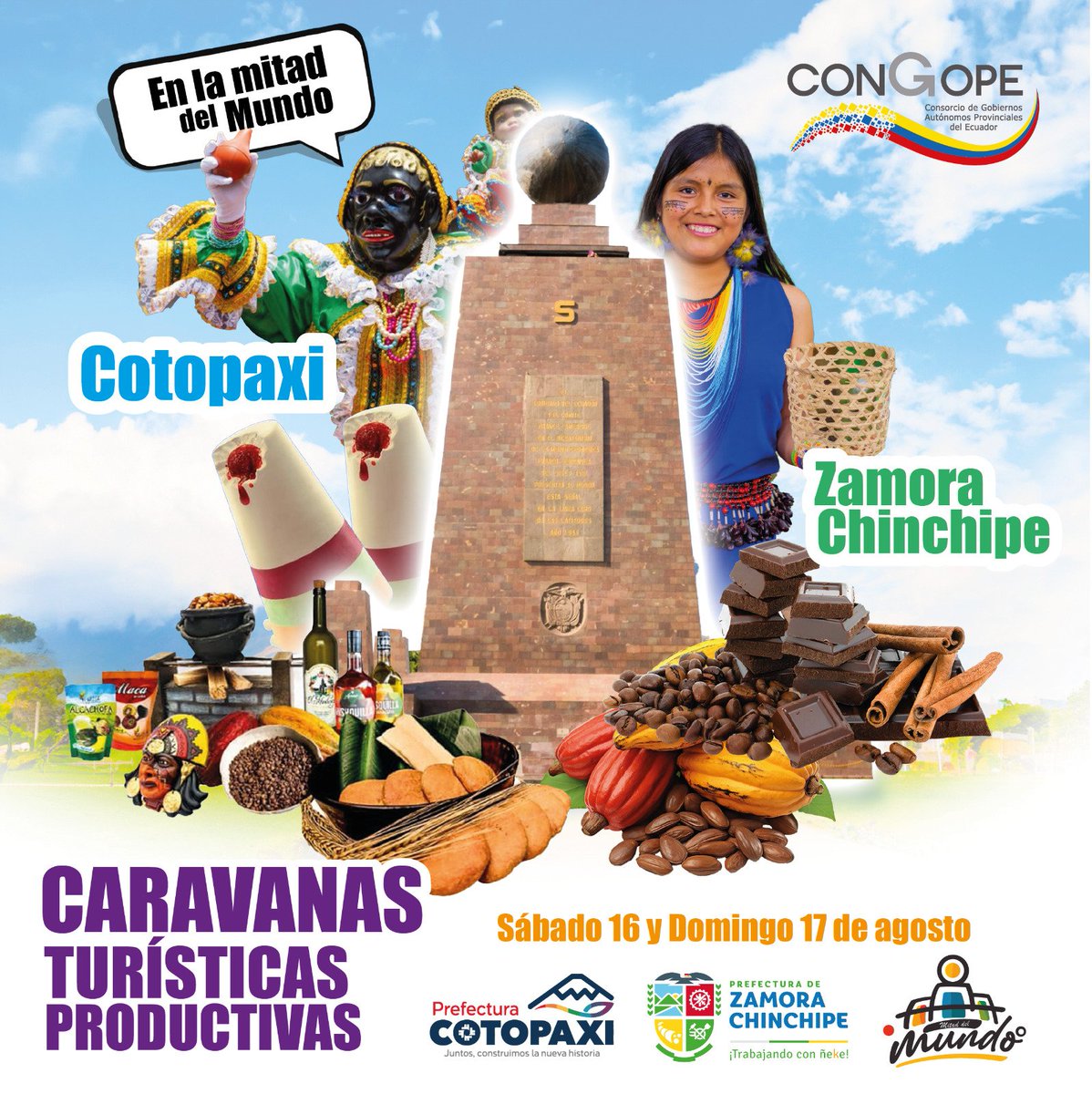 ¡El turismo #provincial sigue en movimiento!

Este sábado 16 y domingo 17 de agosto, <a href="/GADPCotopaxi/">Prefectura Cotopaxi</a> y <a href="/zamorachinchipz/">Prefectura de Zamora Chinchipe 🇪🇨</a> te invitan a disfrutar de las #CaravanasTurísticasProductivas en la <a href="/mitadmundo/">CIUDAD MITAD DEL MUNDO</a>.

Vive una experiencia única donde la Sierra y la Amazonía se unen para mostrar