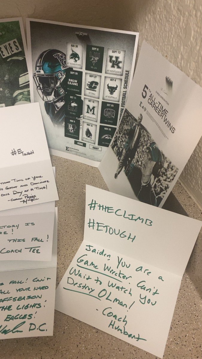 Jaiden Davis (@jaidendavis38) on Twitter photo Thank you to <a href="/EMUFB/">Eastern Michigan Football</a> staff for all the handwritten mail that I received today, I appreciate it. I thoroughly enjoyed reading each postcard 💯
<a href="/CoachBHumbert/">Brock Humbert</a> <a href="/CoachOmli/">Tate Omli</a> <a href="/cobrown58/">cornell brown</a> <a href="/CoachSDugan/">Sean Dugan</a> <a href="/CoachPrince7/">Munir Prince</a> <a href="/CoachTee34/">Kasey Teegardin</a> <a href="/Coach_Creighton/">Chris Creighton</a>
#ETOUGH
#TheClimb Thank you to <a href="/EMUFB/">Eastern Michigan Football</a> staff for all the handwritten mail that I received today, I appreciate it. I thoroughly enjoyed reading each postcard 💯
<a href="/CoachBHumbert/">Brock Humbert</a> <a href="/CoachOmli/">Tate Omli</a> <a href="/cobrown58/">cornell brown</a> <a href="/CoachSDugan/">Sean Dugan</a> <a href="/CoachPrince7/">Munir Prince</a> <a href="/CoachTee34/">Kasey Teegardin</a> <a href="/Coach_Creighton/">Chris Creighton</a>
#ETOUGH
#TheClimb