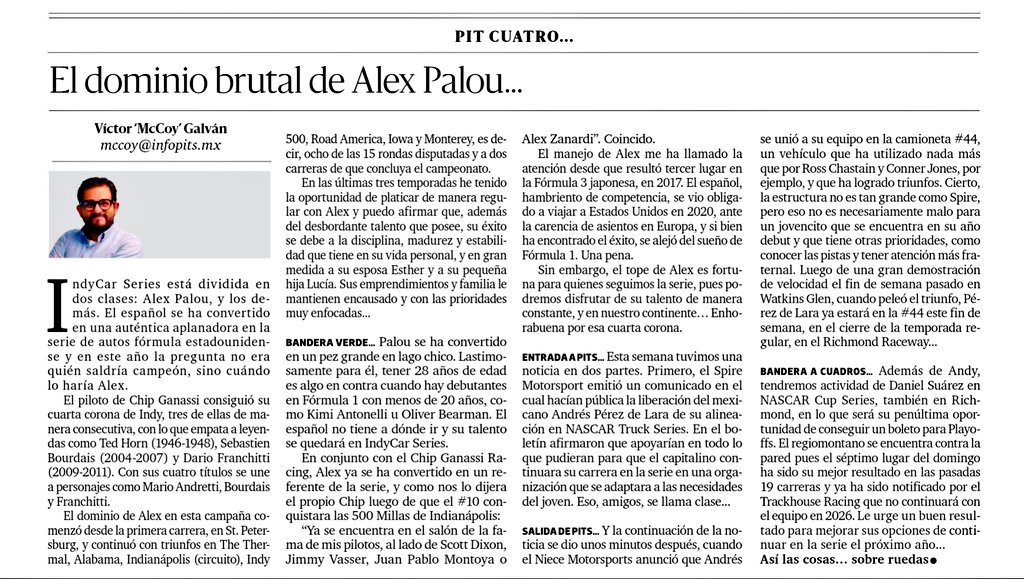 McCoy Galván (@mccoypresenta) on Twitter photo Miércoles de mi columna #PitCuatro en <a href="/LaCronicaDeHoy/">La Crónica de Hoy</a>. Honor a quien honor merece. <a href="/AlexPalou/">Alex Palou Montalbo</a> y su temporada perfecta, <a href="/andresplg2/">Andres Perez de Lara</a> y más... Me cuentan... Miércoles de mi columna #PitCuatro en <a href="/LaCronicaDeHoy/">La Crónica de Hoy</a>. Honor a quien honor merece. <a href="/AlexPalou/">Alex Palou Montalbo</a> y su temporada perfecta, <a href="/andresplg2/">Andres Perez de Lara</a> y más... Me cuentan...