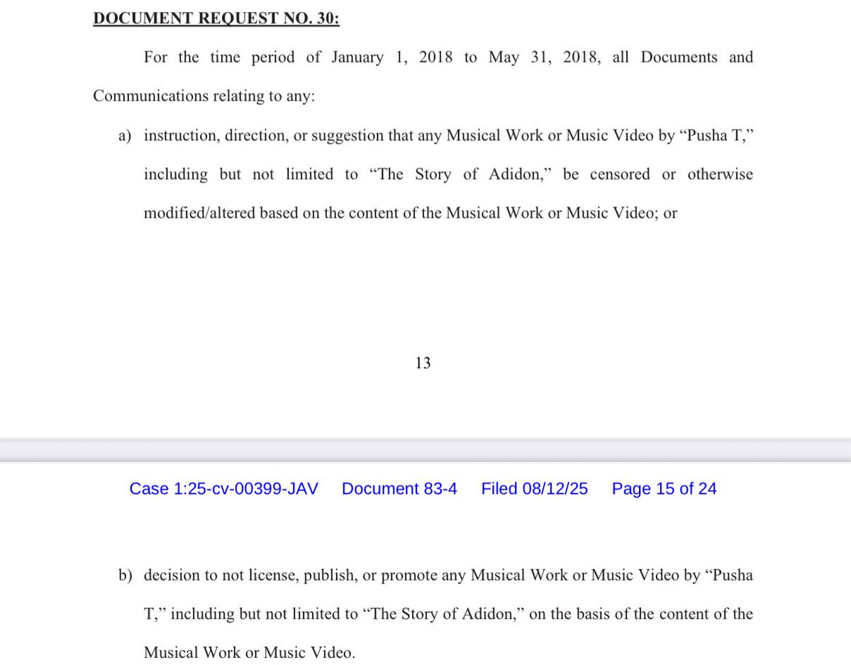 OVODocket's tweet photo. Rapper Pusha T gave so much commentary about Drake’s case against UMG Recordings, it prompted Drake’s attorneys to inquire about the claims made. 

Throughout May 2025, Pusha T went on a press tour blabbing to anyone who would listen that UMG requested he make changes to his songs or refrain from releasing his songs. Pusha T claimed UMG did so because of Drake. 

Drake’s attorneys now seek information from UMG to determine if any of Pusha T’s claims have merit. If true, it proves Drake’s attorneys argument that UMG does have the authority to stop songs from being published when they believe it is damaging or defamatory to another artist and that UMG has used that authority before. 

Drake’s amended complaint alleges UMG failed to do so with Kendrick Lamar’s “Not Like Us” because UMG’s intent was to devalue Drake in upcoming contract renegotiations.