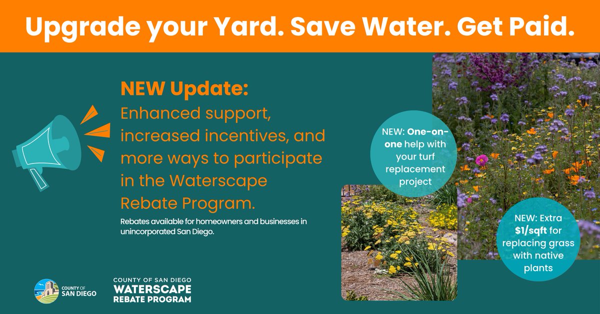 The Waterscape Rebate Program now offers more support, more savings, and more ways to participate. From turf replacement with native plants to rain capture, creating a sustainable landscape is easier than ever. Visit: sandiegocounty.gov/WatershedRebat… 
#WaterscapeRebateProgram