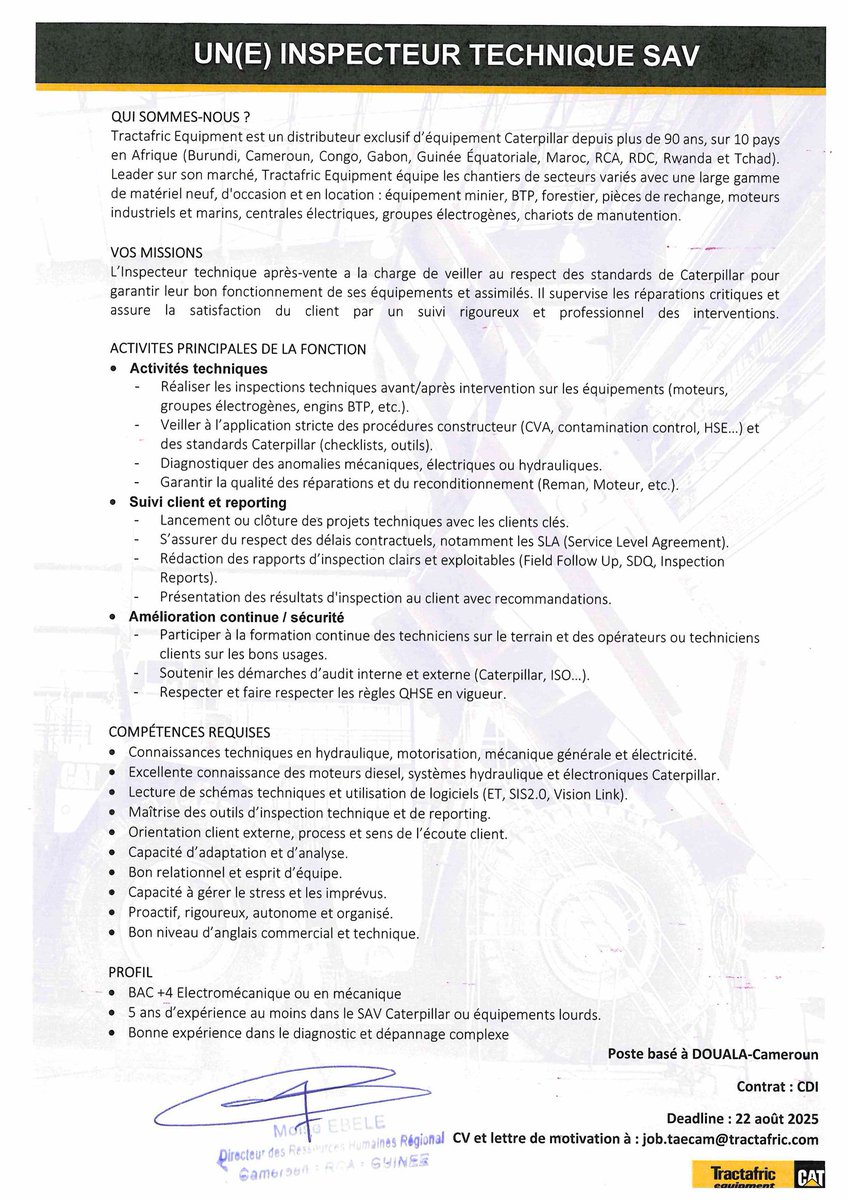 Tractafric_CMR's tweet photo. #OffreEmploi

#TRACTAFRICEQUIPMENTCAMEROUN recrute :
👉Des commerciaux 
👉Un (e) Inspecteur technique SAV. 
Plus d’infos : https://t.co/n6NmMH5hsM

Envoyez vos CV 👉 job.taecam@tractafric.com
📌Date limite : 22/08/2025

#Hiring #Job https://t.co/dBnNeVcXXY