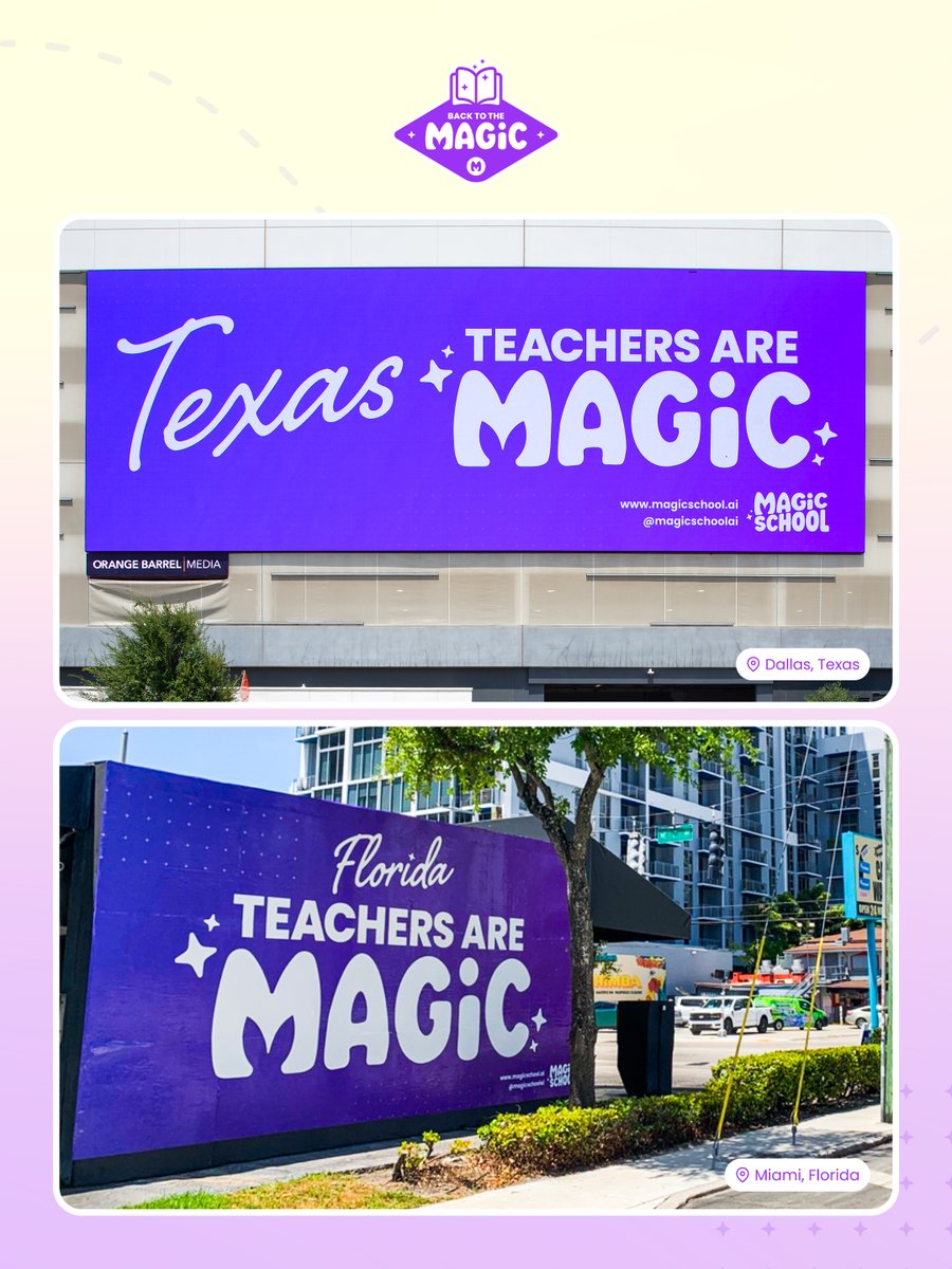 magicschoolai's tweet image. ICYMI ✨ This week, we unveiled billboards in Dallas, Atlanta, and Miami — each one a tribute to the incredible educators bringing magic to their classrooms every single day.
We see you. We celebrate you. And we’re cheering you on this school year and beyond.
💬 Every classroom…