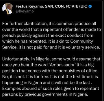 BREAKING: Minister of aviation Festus Keyamo clarifies KWAN 1 “Ambassador”status by the federal government stating that it’s not a paid position but free service to Nigeria 🇳🇬 and the government is also thinking of using Ms. Comfort Emmanson too as an ambassador