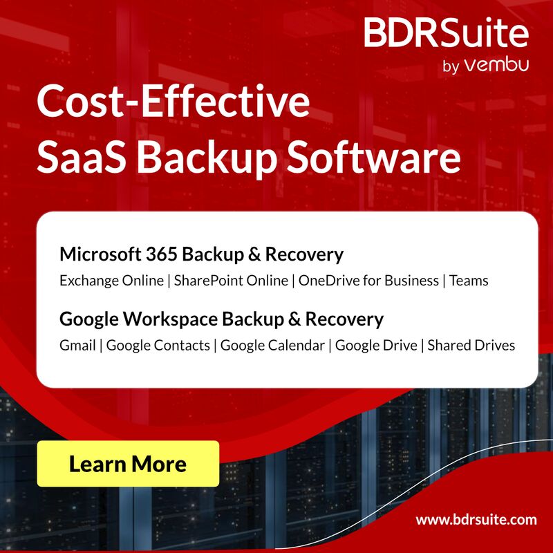vembutech's tweet image. 🔒 Protect your SaaS data with BDRSuite!
✅ Microsoft 365 &amp;amp; Google Workspace backups
📂 Always secure, accessible &amp;amp; recoverable.
Start worry-free protection today: bdrsuite.com/saas-backup/
#BDRSuite #SaaSBackup #DataProtection #BackupSolution #SaaS