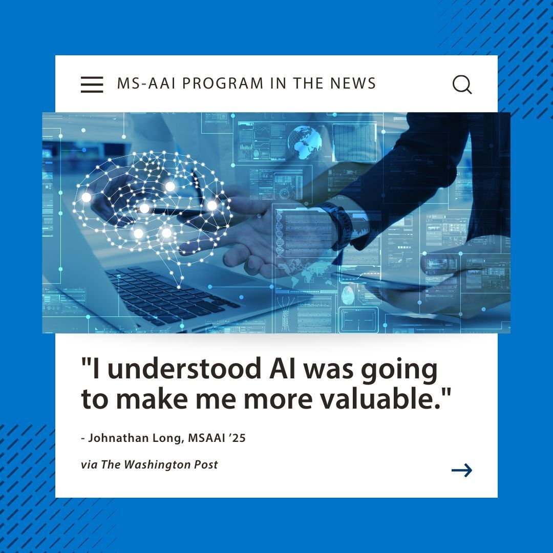 "I understood AI was going to make me more valuable." – Johnathan Long, USD MSAAI grad.
The Washington Post spotlights USD’s MS in Applied Artificial Intelligence, featuring Long &amp; Academic Director Dr. Ebrahim Tarshizi.
🔗 hubs.la/Q03CtQvy0
#AI #MSAAI #USDOnline