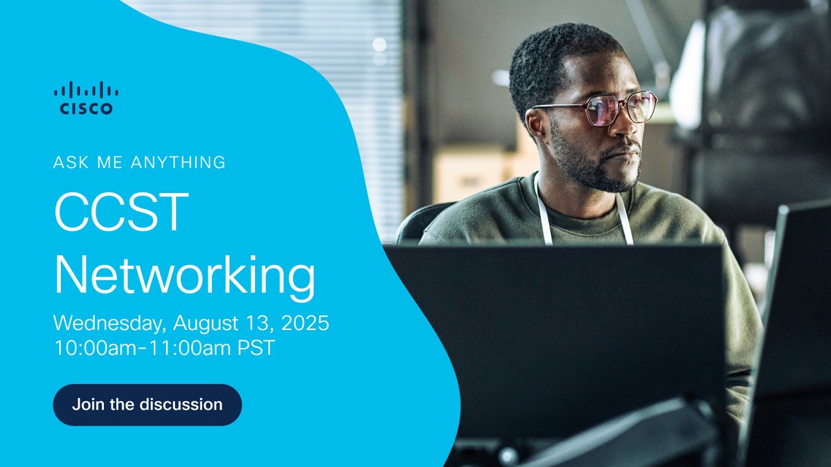 LearningatCisco (@learningatcisco) on Twitter photo All things CCST Networking! Join <a href="/PatrickGargano/">Patrick Gargano</a> for today's "Ask Me Anything" discussion on the #Cisco Learning Network.
Head over early and add your question to the thread now 👉 cs.co/6010fUv4K
#CiscoCert All things CCST Networking! Join <a href="/PatrickGargano/">Patrick Gargano</a> for today's "Ask Me Anything" discussion on the #Cisco Learning Network.
Head over early and add your question to the thread now 👉 cs.co/6010fUv4K
#CiscoCert