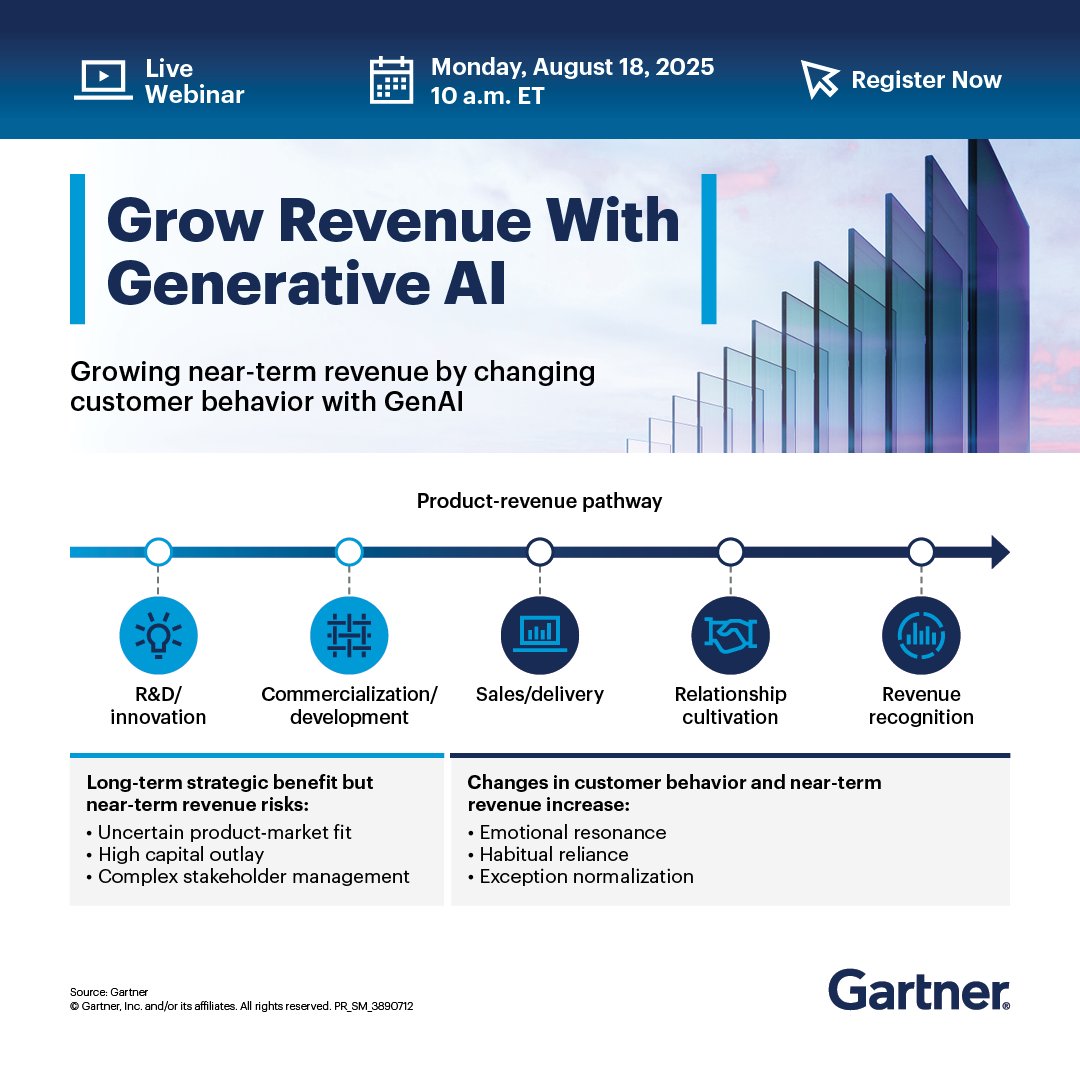 The road from AI innovation to revenue is complex—despite CEO expectations for quick returns: gtnr.it/3JtZMAt 

Join our webinar to learn how to turn AI innovation into business value ⬆️

#GartnerIT #AI #CIO #BusinessGrowth
