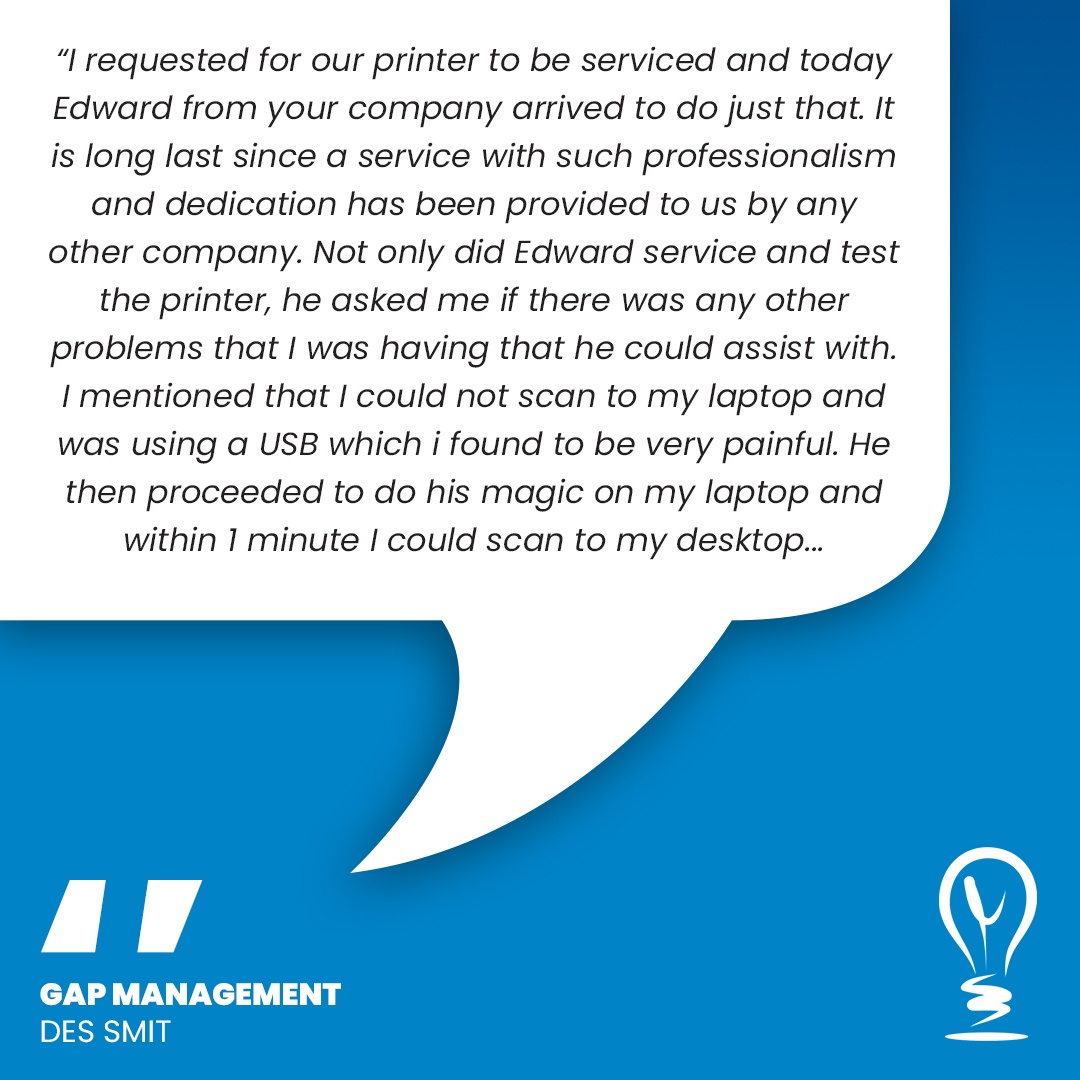 SmartIdeaGroup's tweet photo. 🌟👏From a routine printer service to solving a daily frustration in under a minute... this is what great service looks like. 

Huge thanks to Edward Dube for making it happen!

#SmartIdea #TeamSmart #SmartService #SmartOfficeSolutions #ServiceExcellence https://t.co/YuFMs0B0ie