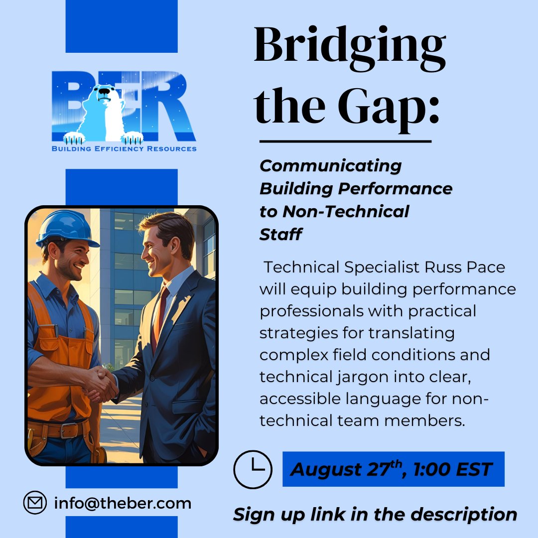 theber_com's tweet photo. Have you signed up for BER's upcoming webinar, "Bridging the Gap: Communicating Building Performance to Non-Technical Staff," staff on Aug 27th, 2:00 EST yet?

✅️SIGN UP HERE: https://t.co/W2DhKQ4pUB https://t.co/b4Kt4KPhsM