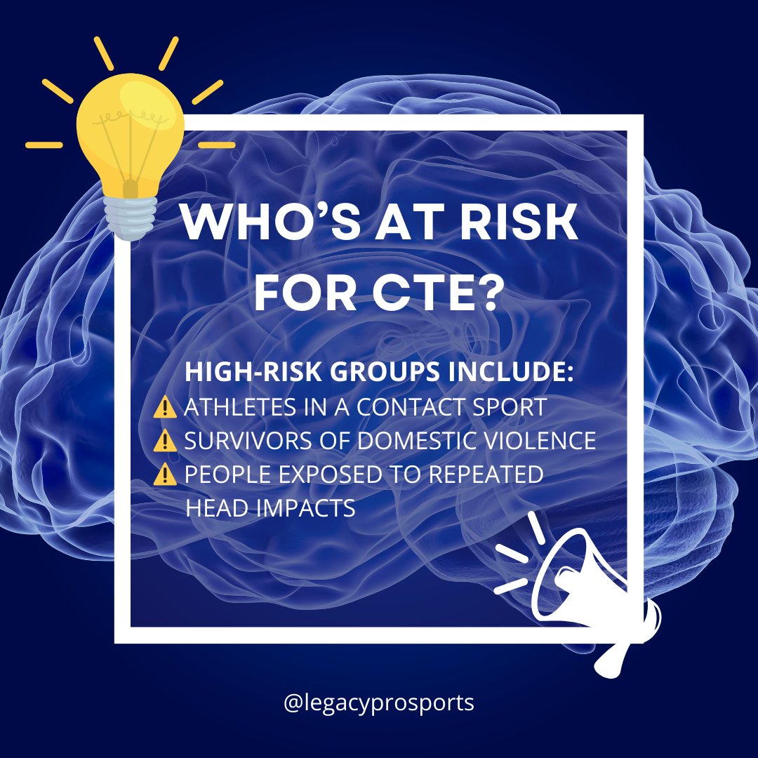 🏈🥊🚨 Who's at risk for CTE?

• Contact sport athletes
• Survivors of domestic violence
• Anyone with repeated head trauma

🧠 Know the signs.
🎯 Prevention starts with awareness + regular checkups.
#CTEPrevention #BrainHealth #AthleteSafety #ConcussionAwareness