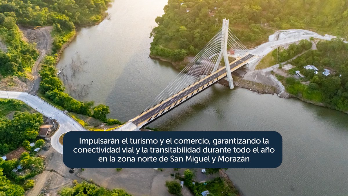 CEL_ElSalvador's tweet photo. ✅ Conectan comunidades históricamente aisladas y garantizan la transitabilidad durante todo el año.

✅ Impulsan el turismo, el comercio y la economía local.

✅ Cuentan con un diseño atirantado único en el país y estándares de ingeniería de clase mundial.

✅ Espacios para peatones, plazas turísticas y áreas para deportes extremos como bungee jumping.

Una inversión estratégica que beneficia a más de medio millón de salvadoreños y proyecta al oriente del país como un nuevo destino turístico.