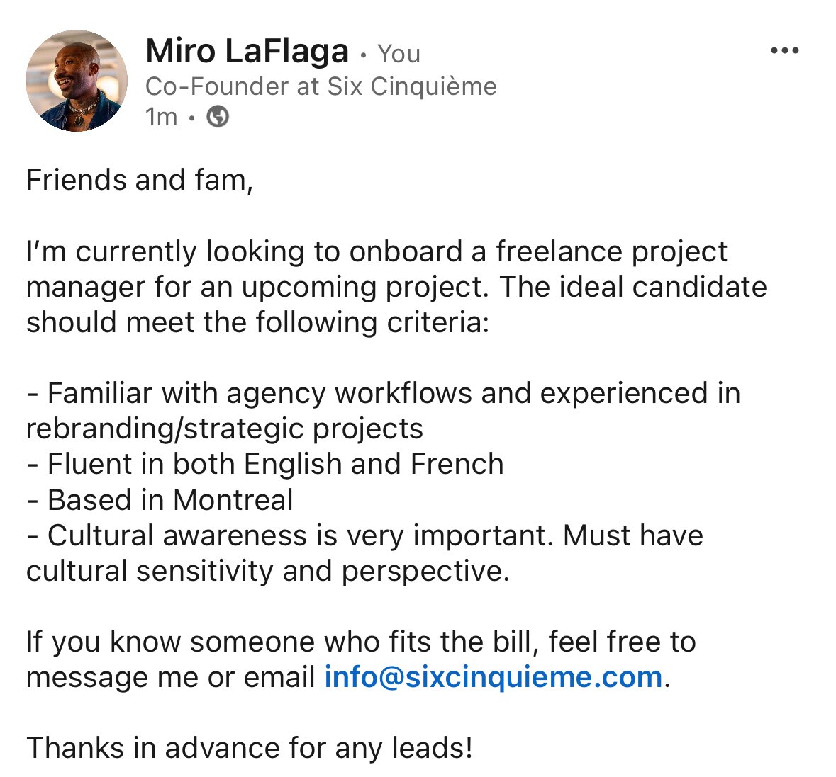 Hey yall!

I’m hiring a project manager for an upcoming project. If this is you or you might know someone interested, send an email to info@sixcinquieme.com ✌🏾