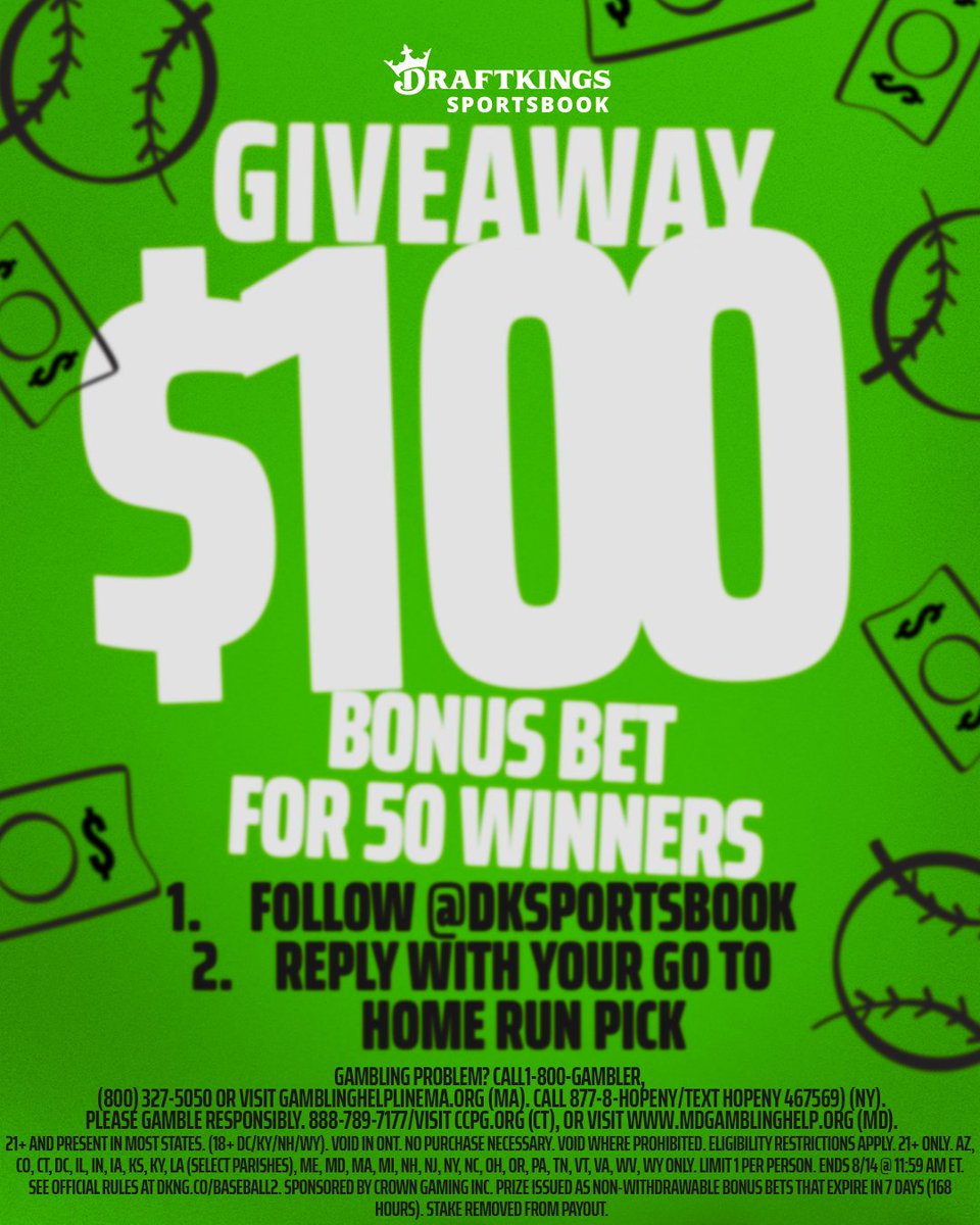 DraftKings Sportsbook (@dksportsbook) on Twitter photo HAPPY WEDNESDAY Y'ALL ⚾️
We're back to give away 50 more $100 bonus bets to some lucky followers. To enter:
1. Follow <a href="/DKSportsbook/">DraftKings Sportsbook</a>
2. Reply with your go to home run pick
Ends 8/14 | 50 Winners | $100 Bonus Bet | dkng.co/BASEBALL2 HAPPY WEDNESDAY Y'ALL ⚾️
We're back to give away 50 more $100 bonus bets to some lucky followers. To enter:
1. Follow <a href="/DKSportsbook/">DraftKings Sportsbook</a>
2. Reply with your go to home run pick
Ends 8/14 | 50 Winners | $100 Bonus Bet | dkng.co/BASEBALL2