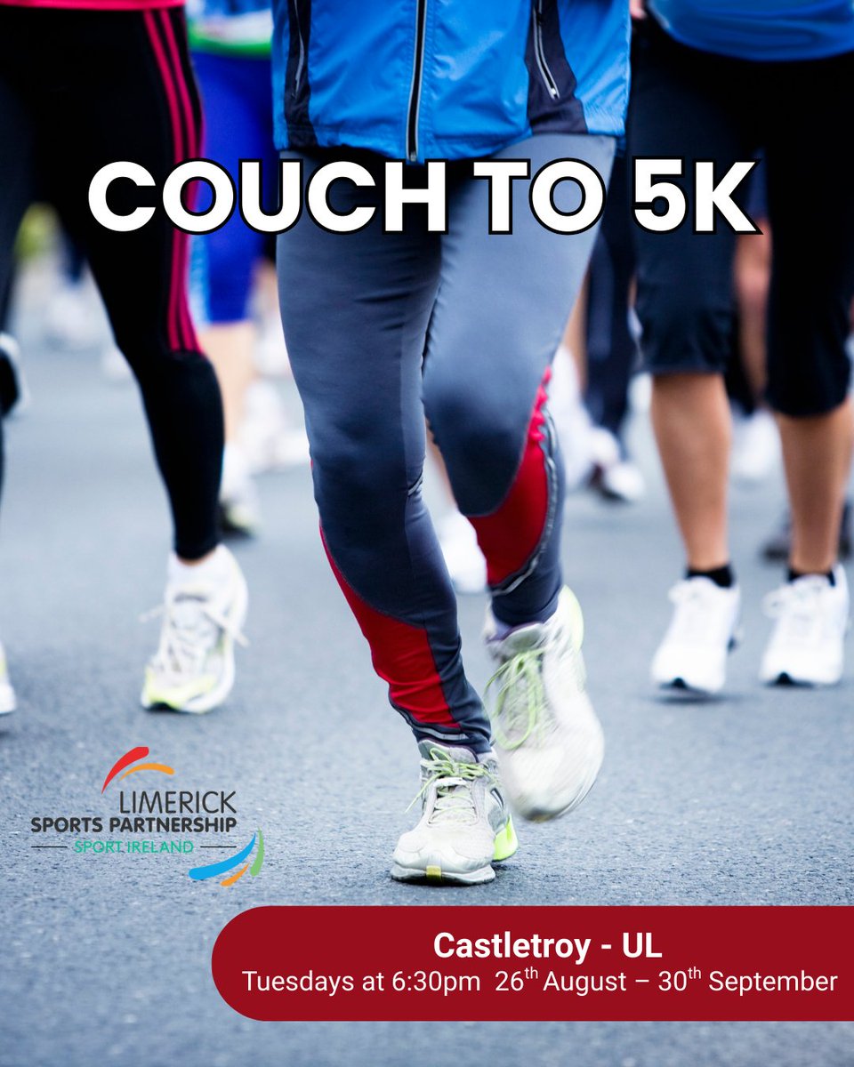 Limericksports's tweet photo. ๐โโ๏ธ Get running with Couch to 5K in Castletroy!
โ
All fitness levels (16+)
๐UL - Meet at East Gate Carpark
๐
Tuesdays โ 26th Aug โ 30th Sept
๐ Time: 6:30pm
๐ https://t.co/hDEkC1ReVi
@Limerick_ie @sportireland @UL @ULimsport
#ActiveLimerick #CouchTo5K https://t.co/3OmJDRNYAy