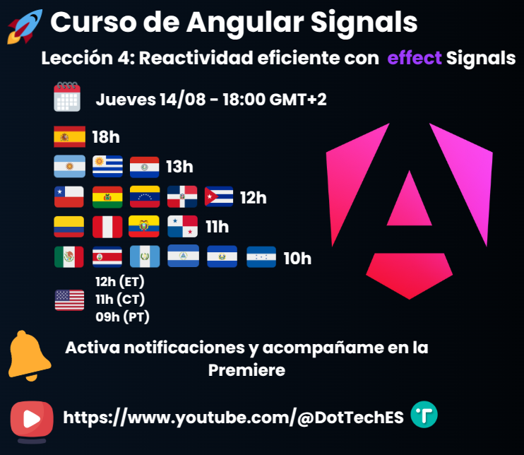 DotTechES's tweet image. ⚙️ ¿Listo para manejar side effects en Angular Signals?
📅 Mañana publicamos Lección 4: effect()

🔗 f.mtr.cool/myglyvrxhl

#Angular #WebDev #Reactividad