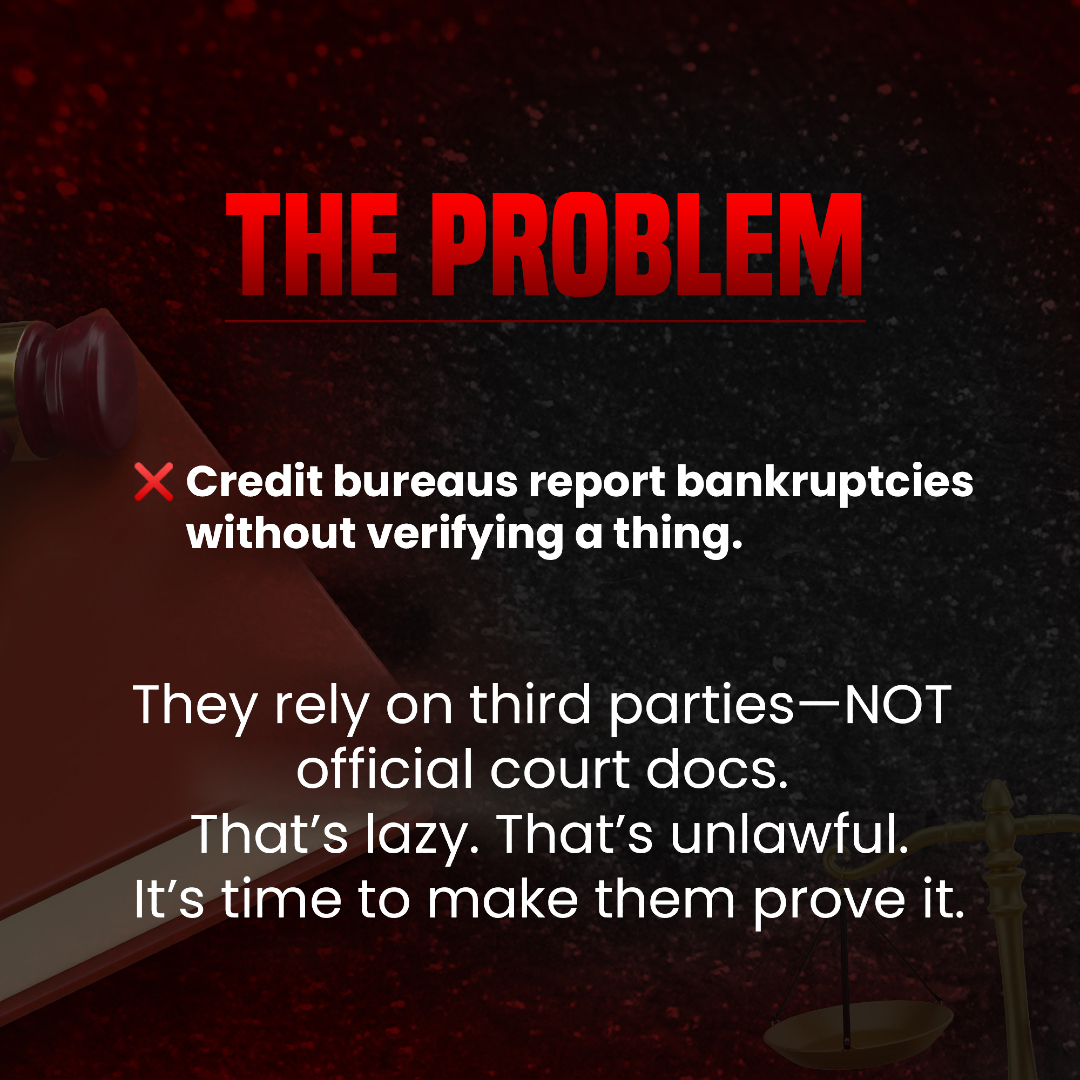 DaraineD's tweet image. If the credit bureaus can’t prove your bankruptcy with records from the court, they must delete it. 15 USC 1681i is your leverage. No proof = no bankruptcy. Comment or Text “CHALLENGE” or “LAWS” to 917-993-5238 to get started.

#ConsumerLaw #CreditRepair #DeleteNegativeItems