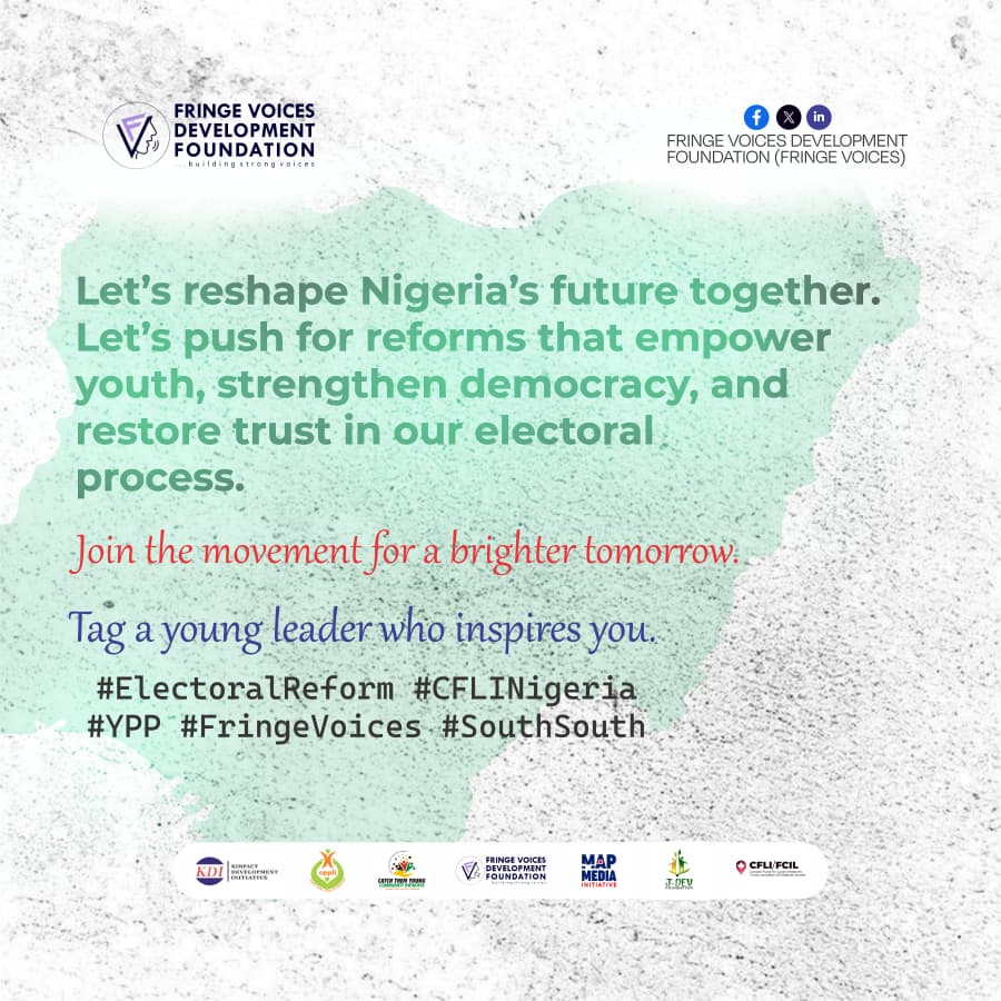 EjitJosiah's tweet photo. Let's reshape Nigeria's future together. Let's push for reforms that empower youth, strengthen democracy, and restore trust in our electoral process.

@FVDFOUNDATION @mapdiafrica 
#ElectoralReform #CFLINigeria #YPP #SouthSouth #FringeVoices https://t.co/UdePX5rpLu