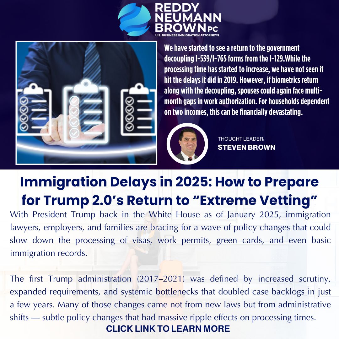 🚨 Immigration Delays Are Back: How to Prepare for Trump 2.0’s “Extreme Vetting” 🚨

With President Trump back in the White House, we’re already seeing signs of a return to the policies that caused massive backlogs from 2017–2021:
📌 Expanded biometrics
📌 Mandatory interviews