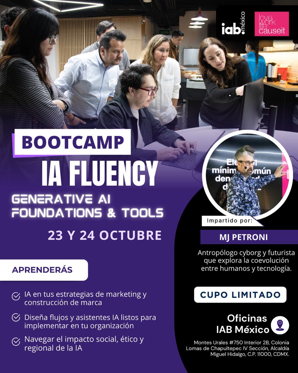 En el AI Fluency Bootcamp, aprenderás a aplicar IA directamente en tus flujos de trabajo reales.

💡 Dos días intensivos, prácticos y 100% aplicables.

Impartido por MJ Petroni – Antropólogo cyborg y futurista y  Fundador de <a href="/causeit/">causeit, inc</a> 

📅 23 y 24 de Octubre | 📍 Presencial
 🔗