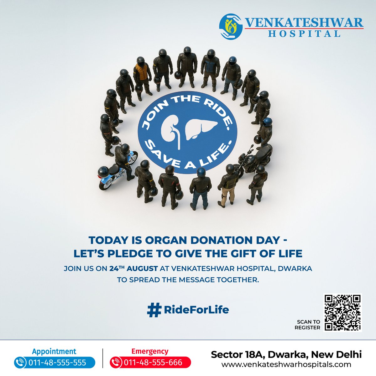 This isn’t just a ride… it’s a mission.

On #OrganDonationDay, let’s pledge to give the gift of life.

Join us in our #RideForLife initiative on 24 Aug at Venkateshwar Hospital, Dwarka — a movement to inspire organ donation &amp; change lives.

Register: forms.gle/WnCu7mwa1dNxFb…