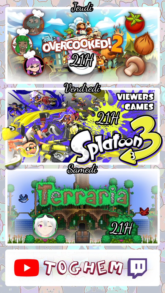 Planning du 11 au 17 août !!

Coucou mes licornes !!
Bien en retard mais j'ai changé mes plans toutes les 3h donc c'était compliqué ;-;
Mais il est là et même s'il n'est pas bien garni c'est toujours de la qualité :3

#Splatoon #Overcooked2 #Terraria #Nintendo #NintendoSwitch2
