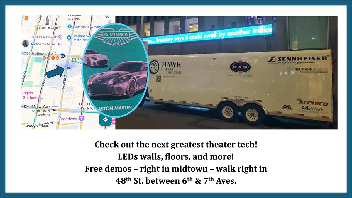 Check out great new tech being demo'd for free!
If you are anywhere near 48th &amp; 7th ave. Go check out the Hawk Sight &amp; Sounds mobile demo trailer for an eye opening experience. Just walk right in &amp; say hi. Tell 'em Matt sent you! #theater #tech #stagemanagement #design