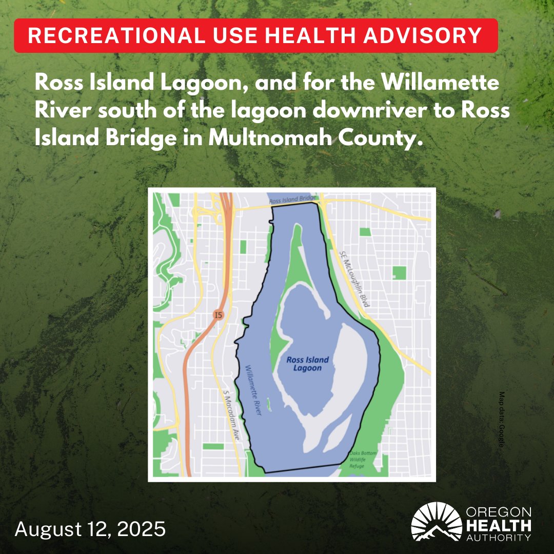OHA issued a recreational use health advisory for Ross Island Lagoon, and for the Willamette River south of the lagoon downriver to Ross Island Bridge. For more information, read our news release: ow.ly/5CHO50WFnau