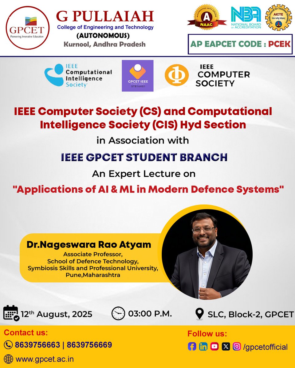 gpcetofficial's tweet image. 🚀 Expert Lecture on “Applications of AI & ML in Modern Defence Systems” 🇮🇳
#ComputationalIntelligence #Innovation #FutureTech
