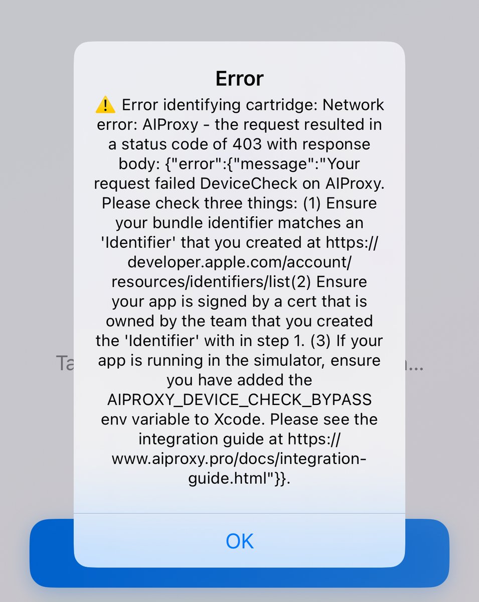 davidcafor's tweet image. 🚨 Everything works on simulator, but my physical iPhone keeps failing with this error.
DeviceCheck is driving me crazy 😖 Any tips?

#iOSDev #Swift #AIProxy #Help