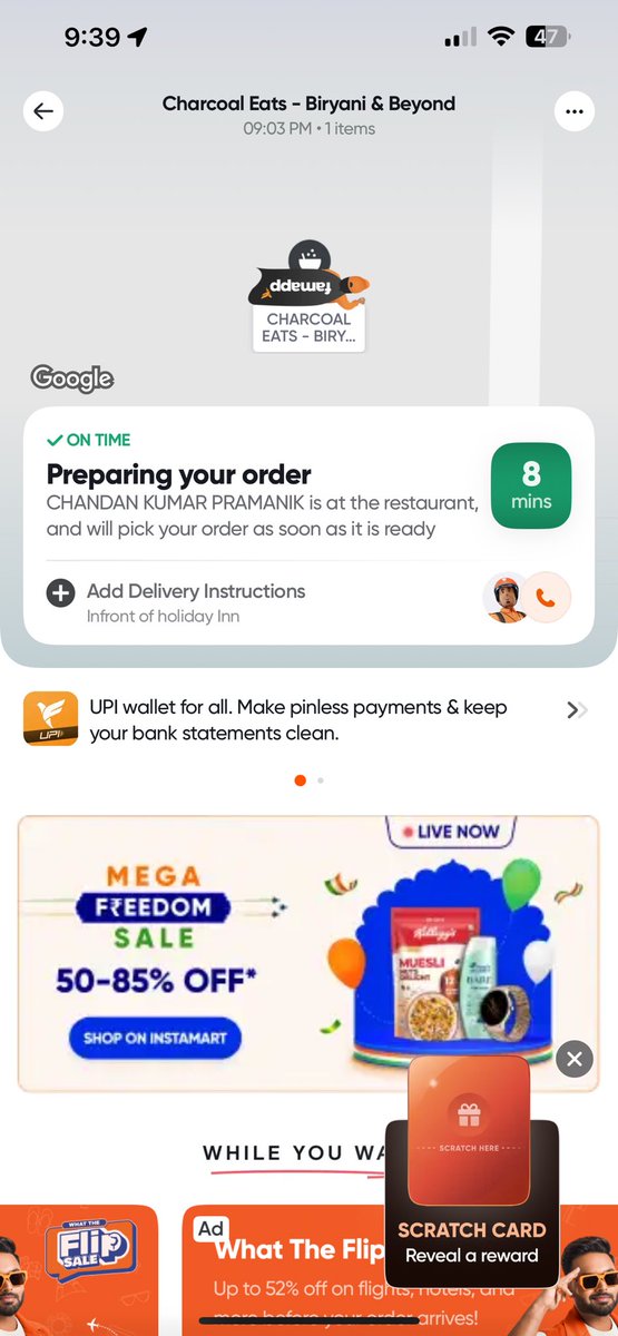 animesh's tweet photo. Time to deliver remains at 8 mins in 
 internal of three time shown in my phone #swiggy . https://t.co/6m2oqlqjIh