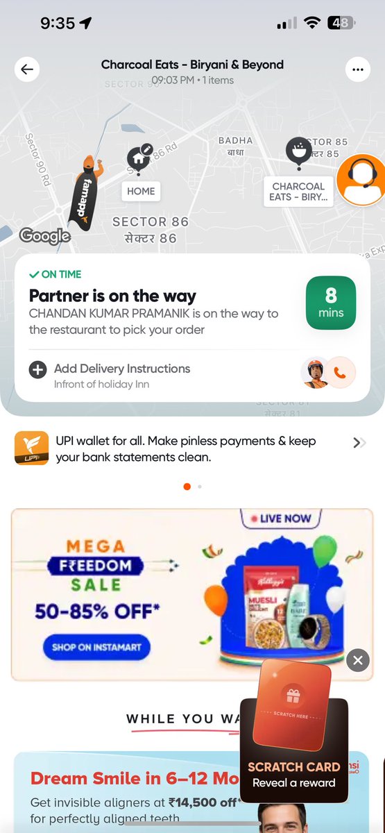 animesh's tweet photo. Time to deliver remains at 8 mins in 
 internal of three time shown in my phone #swiggy . https://t.co/6m2oqlqjIh