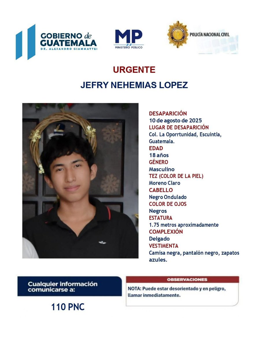 Joven desaparecido en Escuintla, si pudieran compartir.