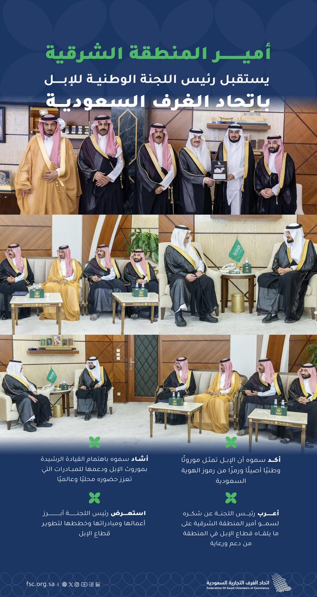 صاحب السمو الملكي الأمير سعود بن نايف بن عبدالعزيز أمير المنطقة الشرقية
يستقبل رئيس اللجنة الوطنية للإبل أ.سعد  آل جلبان يرافقه أعضاء اللجنة

اللقاء أكد مكانة الإبل كموروث وطني ورمز للهوية السعودية
واستعرض خطط اللجنة ومبادراتها لتطوير قطاع الإبل بالمملكة 
#اتحاد_الغرف_للسعودية