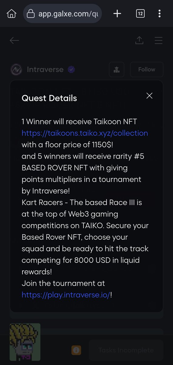 King Holly ๐ธ (@ho_lly1) on Twitter photo ๐จ Big news, fam! ๐จ
<a href="/intraVerse_Game/">Intraverse</a> teamed up with TAIKO for a special Galxe quest โ and itโs completely FREE to join! ๐
All you gotta do is smash a few easy social tasks and you could win:
๐ฅ TAIKOON NFTโvalued at $1150 USD ๐ฐ
๐ฅโ๐ฅ
5x VIP Based Rover NFTs (rarity #5) ๐๐จ ๐จ Big news, fam! ๐จ
<a href="/intraVerse_Game/">Intraverse</a> teamed up with TAIKO for a special Galxe quest โ and itโs completely FREE to join! ๐
All you gotta do is smash a few easy social tasks and you could win:
๐ฅ TAIKOON NFTโvalued at $1150 USD ๐ฐ
๐ฅโ๐ฅ
5x VIP Based Rover NFTs (rarity #5) ๐๐จ