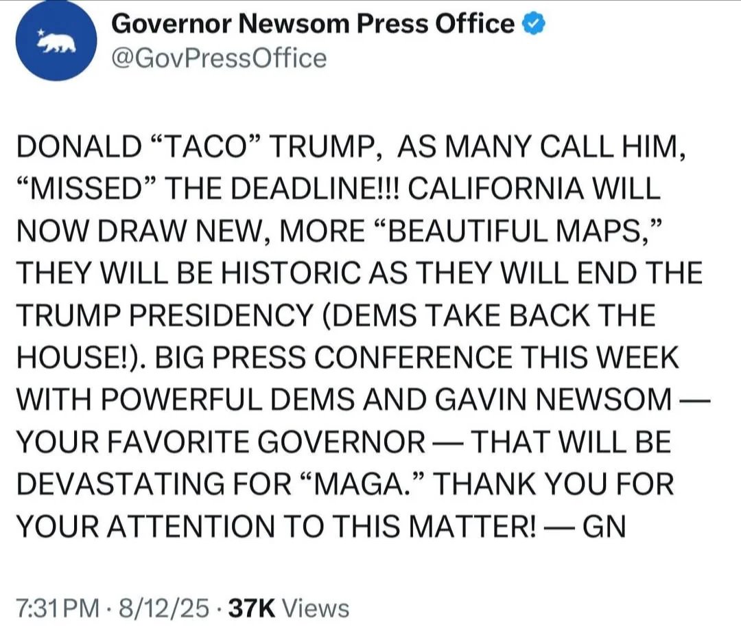 Governor Newsom's redistricting strategy is uniquely clever and it's the first time in a while I've seen Democrats gain a first-mover advantage by writing the rules themselves, rather than waiting for Trump to rewrite them and being purely reactive. Newsom flipped Trump's