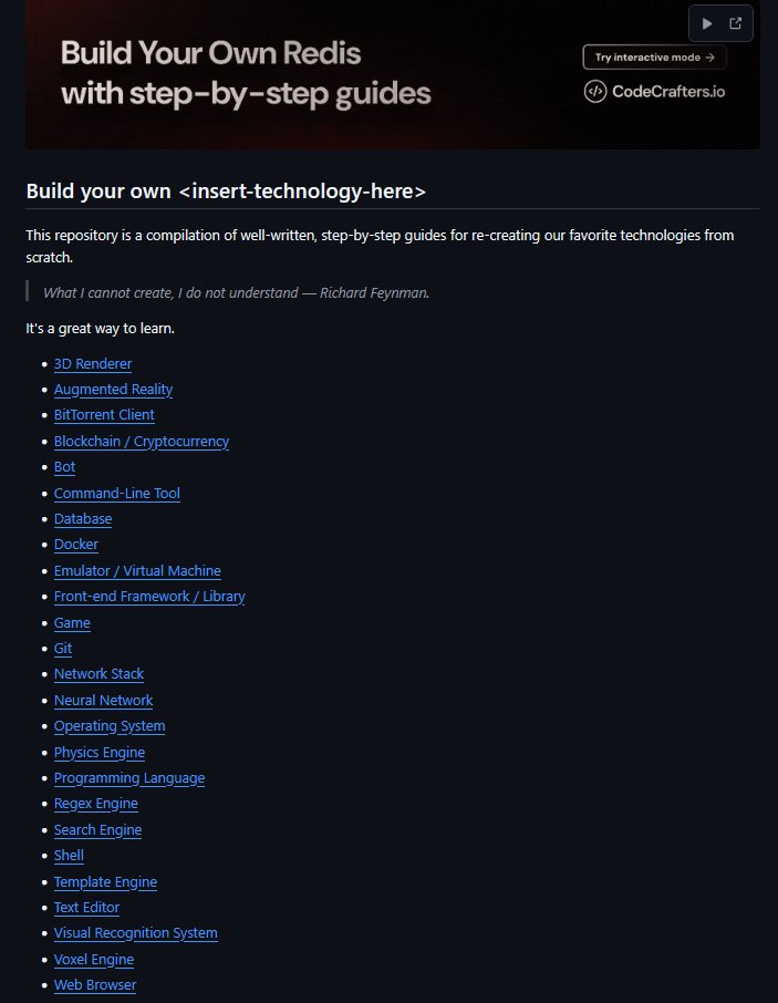 مستودع رهيب يعلمك كيف تبني كل شيء من الصفر, متصفح، محرك ألعاب، قاعدة بيانات، ذكاء اصطناعي، وأكثر

github.com/codecrafters-i…