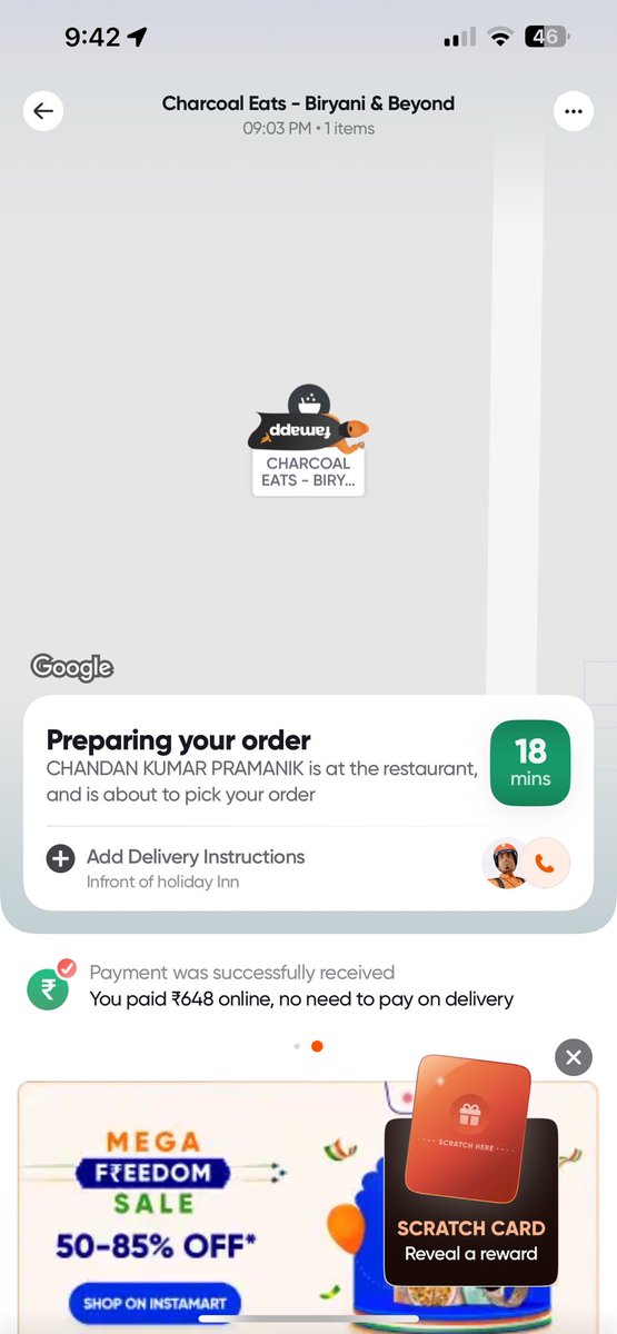 animesh's tweet photo. And now the new update and time becomes 18 from 8 after having waited for 30 mins already! #swiggy https://t.co/MgEBjygLCz