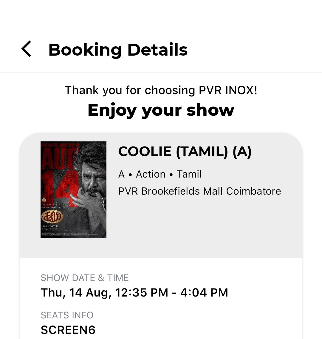 shanki1995's tweet photo. #Coolie #Pvr Brookfield Coimbatore 3 tickets available for first day Aug 14th  12.30 pm show. 
DM me if needed. 

Online price per ticket.
#Fdss 
#Coimbatore
#SuperstarRajinikant
#tickets https://t.co/xgL0TnSCaE