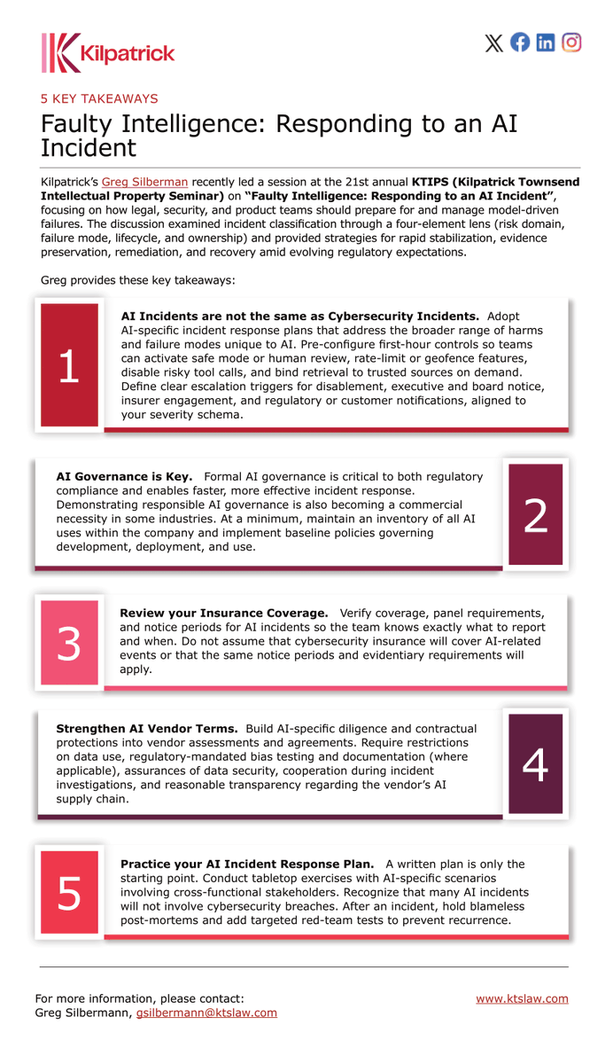 5 Key Takeaways | Faulty Intelligence: Responding to an AI Incident

Read more from Greg Silberman: ktslaw.com/en/insights/pe…
