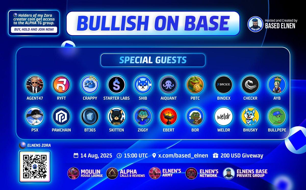 based_elnen's tweet photo. 🎙BULLISH ON @BASE 🟦
🔹THURSDAY 14.8. 15:00 UTC ⌛️
💵 GIVEAWAY - 200 USD.

🧾RULES ⤵️
1️⃣LIKE &amp; RT.
2️⃣TAG 2 FRIENDS.
3️⃣FOLLOW @based_elnen.
4️⃣JOIN SPACES 👉 https://t.co/VNmV8W8ByX

🔮 Let's connect on @Zora ⤵️
https://t.co/npcL2PVqXQ https://t.co/xLQAYDqSOF