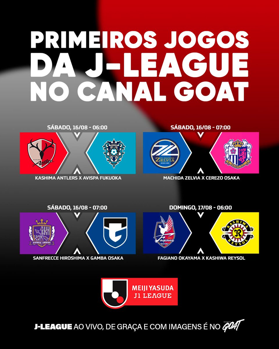 Canal GOAT (@canalgoatbr) on Twitter photo A J-LEAGUE CHEGOU AO CANAL GOAT! ⚽️🎌
Comemora, <a href="/JInsiderBR/">J.League Insider - Brasil</a>! Serão quatro jogos por rodada com grande presença brasileira em campo, equipes tradicionais e muita história! A partir deste sábado (16), temos um encontro marcado nas manhãs do Bodinho! 😉
#JLeagueNoGOAT A J-LEAGUE CHEGOU AO CANAL GOAT! ⚽️🎌
Comemora, <a href="/JInsiderBR/">J.League Insider - Brasil</a>! Serão quatro jogos por rodada com grande presença brasileira em campo, equipes tradicionais e muita história! A partir deste sábado (16), temos um encontro marcado nas manhãs do Bodinho! 😉
#JLeagueNoGOAT