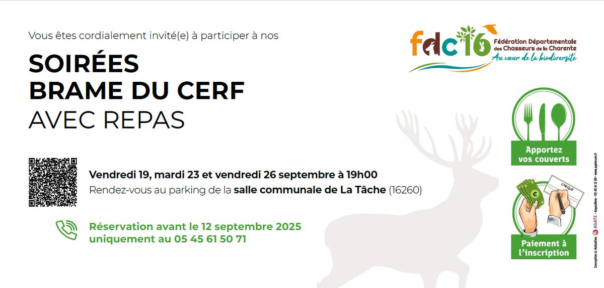🦌Soirées brame du cerf avec repas 🥩
🌲Comme chaque année, la FDC16 organise en partenariat avec la société de chasse communale de la Tâche trois soirées de découverte consacrées à l'espèce cerf.
fdc16.com/page/464/soire…