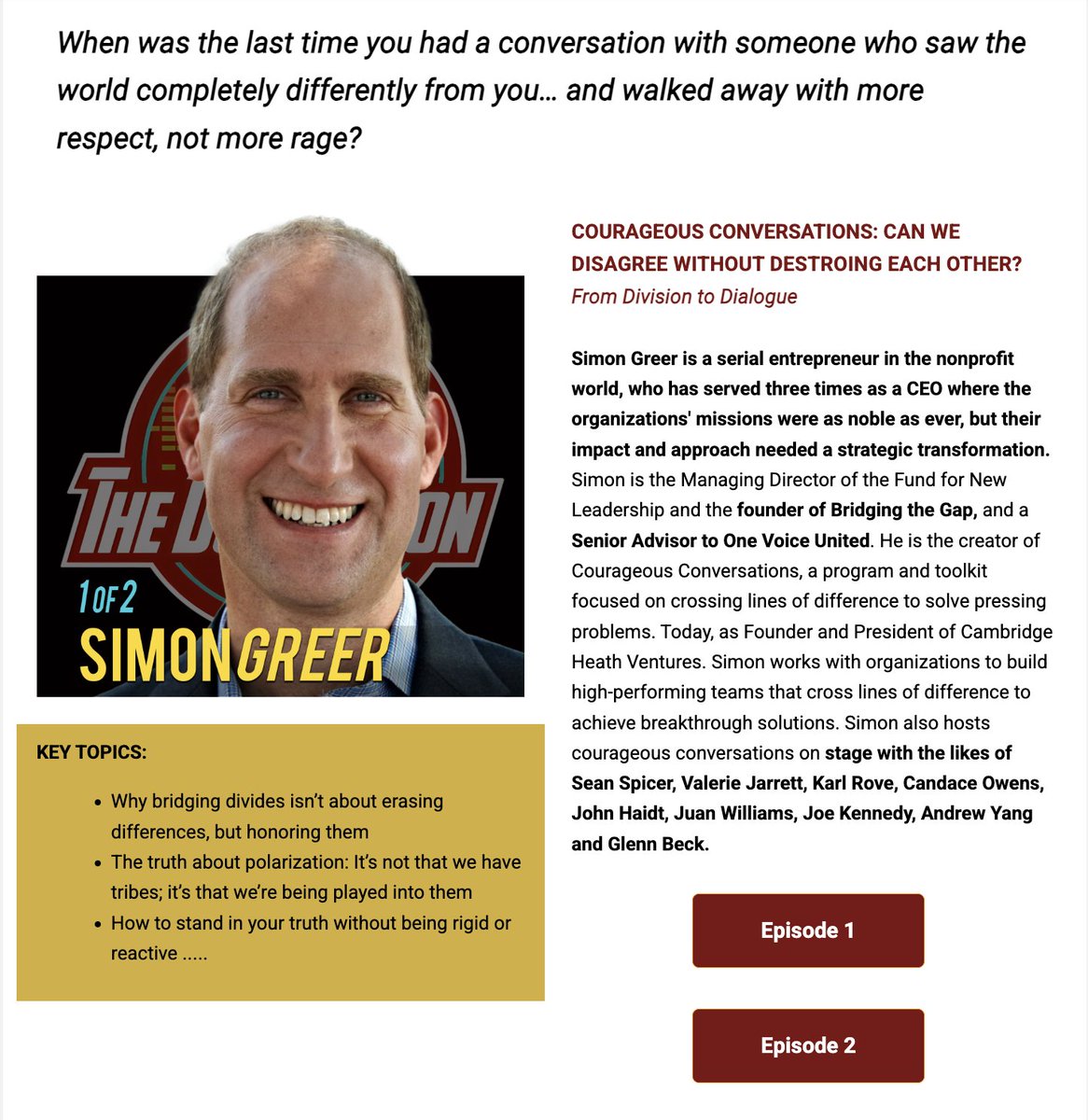 TheDovBaron's tweet photo. An episode we desperately need right now!
Listen in here:
Simon Greer: #CouragousConversations: How to Disagree Without Destroying Each Other>
Tune in here: https://t.co/bUEdkxnCLI https://t.co/Yax7Bo8VRz