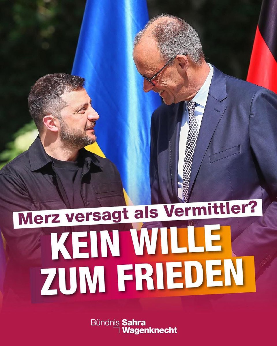 Merz versagt als Vermittler?

Dazu Sahra Wagenknecht 👏:

„Es hilft der Ukraine nichts, dass Selenskyj nach Berlin kommt. Die Bundesregierung sollte vermitteln, Kompromissbereitschaft auf beiden Seiten ausloten und sich nicht so offensichtlich auf Selenskijs Seite stellen, dessen