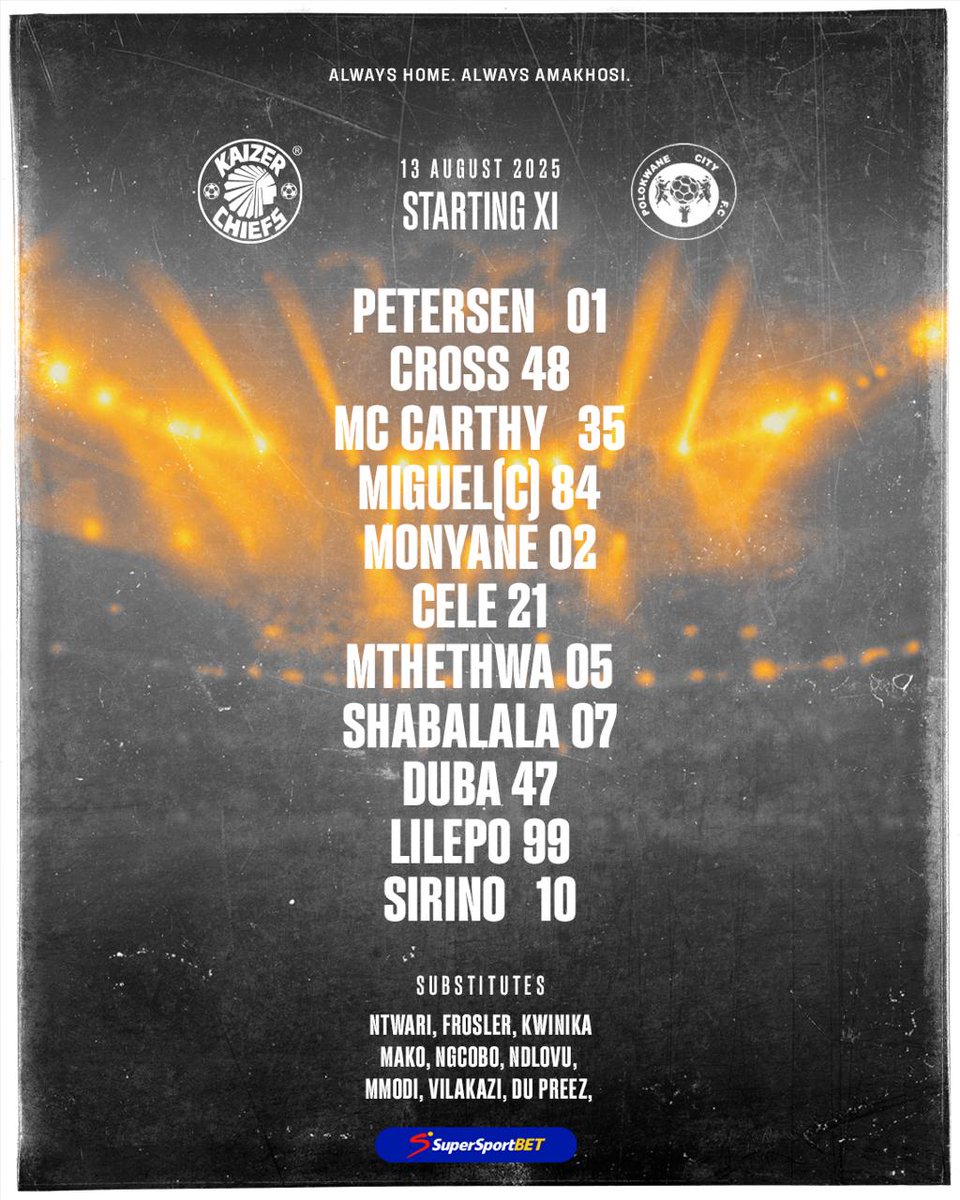 Betway Premiership: Kaizer Chiefs vs. Polokwane City FC

Starting 11: Petersen, Cross, McCarthy, Miguel ©, Monyane, Cele, Mthethwa, Shabalala, Duba, Lilepo, Sirino

Subs: Ntwari, Frosler, Kwinika, Mako, Ngcobo, Ndlovu, Mmodi, Vilakazi, Du Preez

Coach: Khalil Ben Youssef