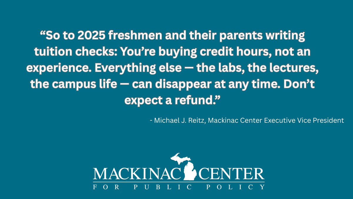 Mackinac Center Executive Vice President Mike Reitz writes in the <a href="/DetNewsOpinion/">Detroit News Opinion</a> that Michigan courts say colleges only owe students credit hours, not the campus life they promise. If classes and activities vanish, don’t expect a refund.  Read here: detroitnews.com/story/opinion/…